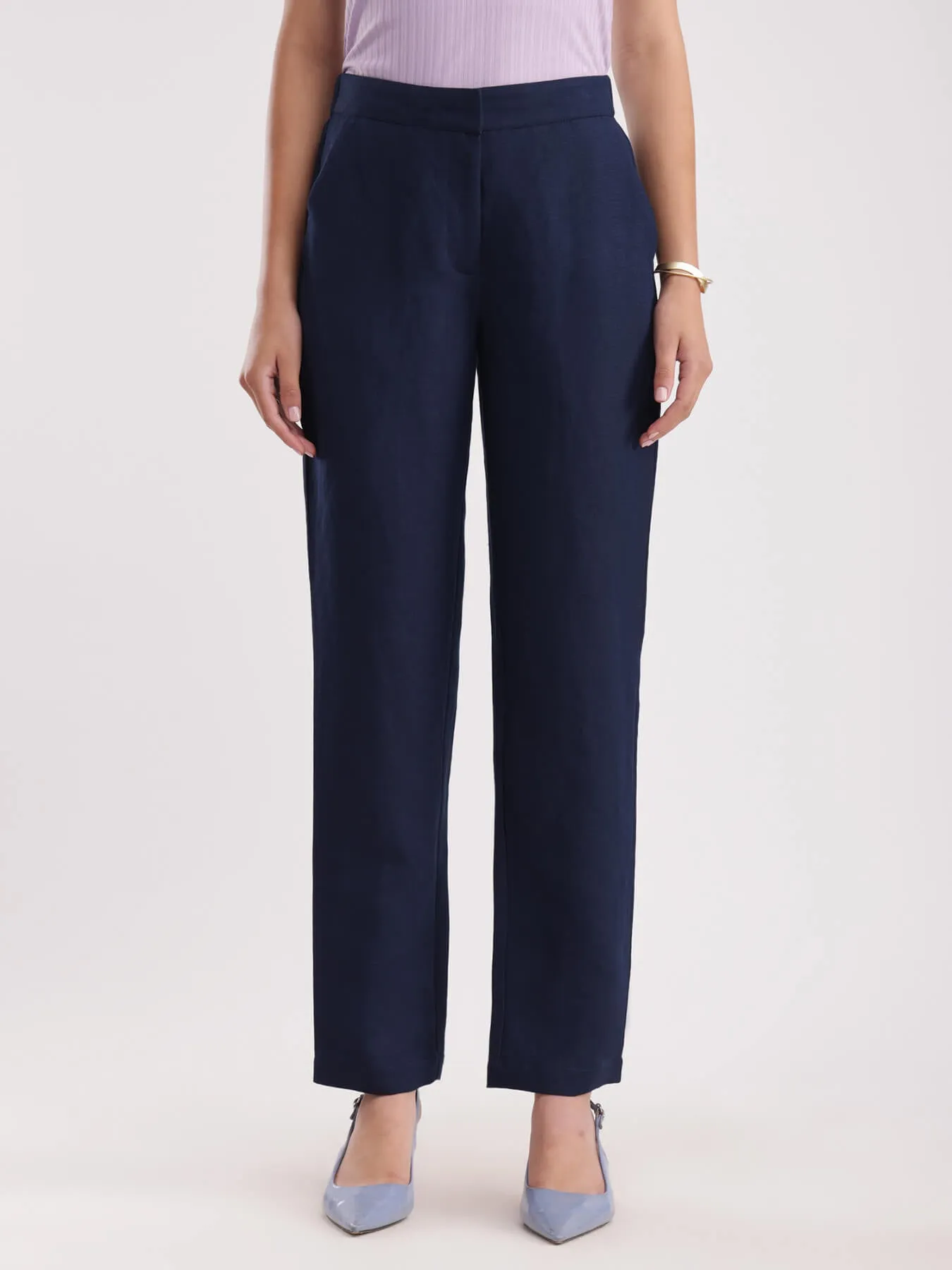 Linen Elasticated Straight Trouser - Navy Blue