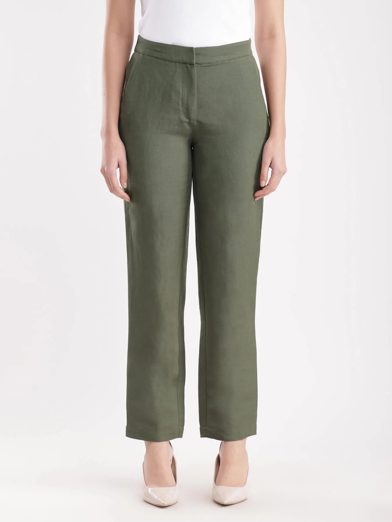 Linen Elasticated Straight Trouser - Olive