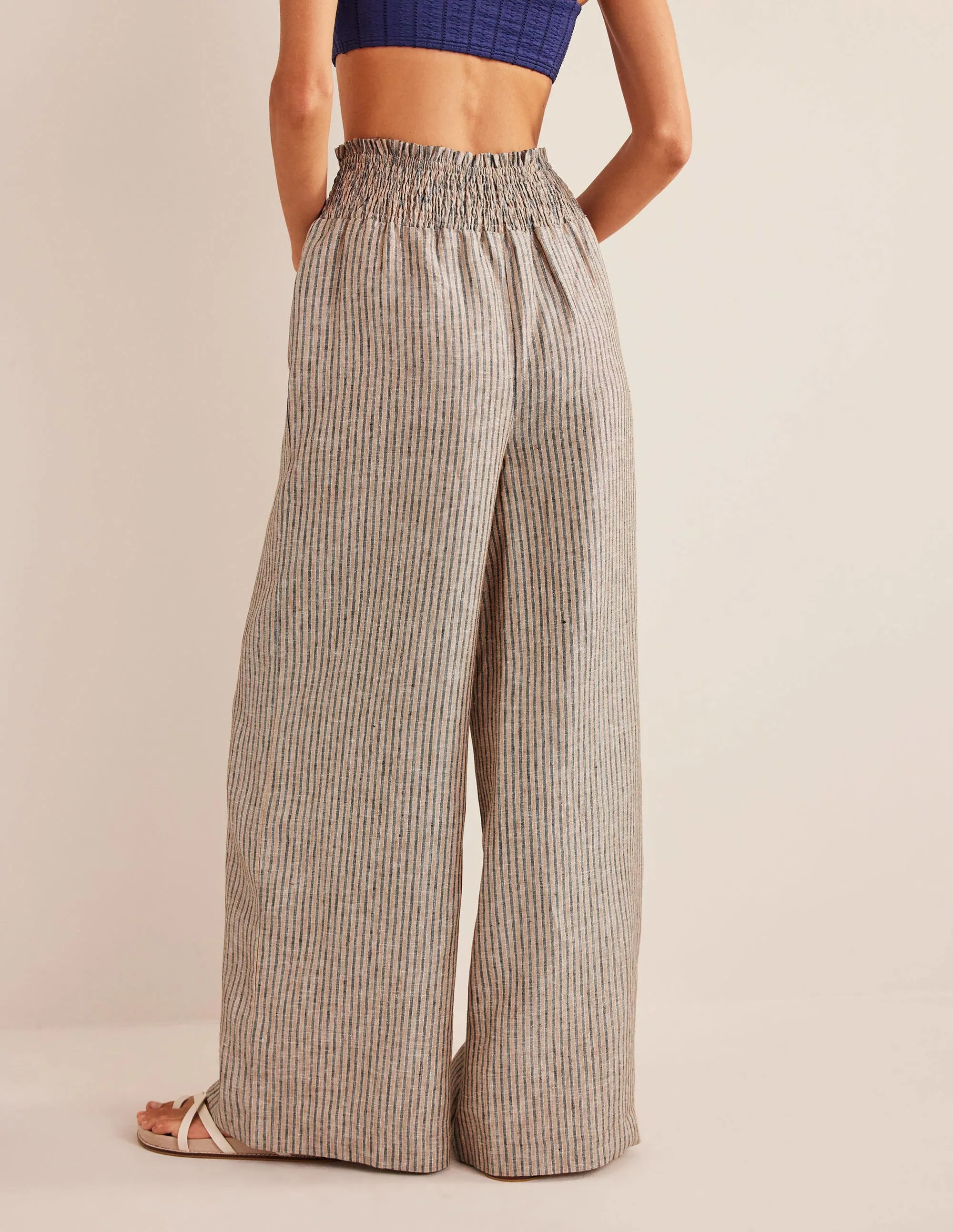 Linen Shirred Waist Trousers-Camel and Black Lurex Stripe