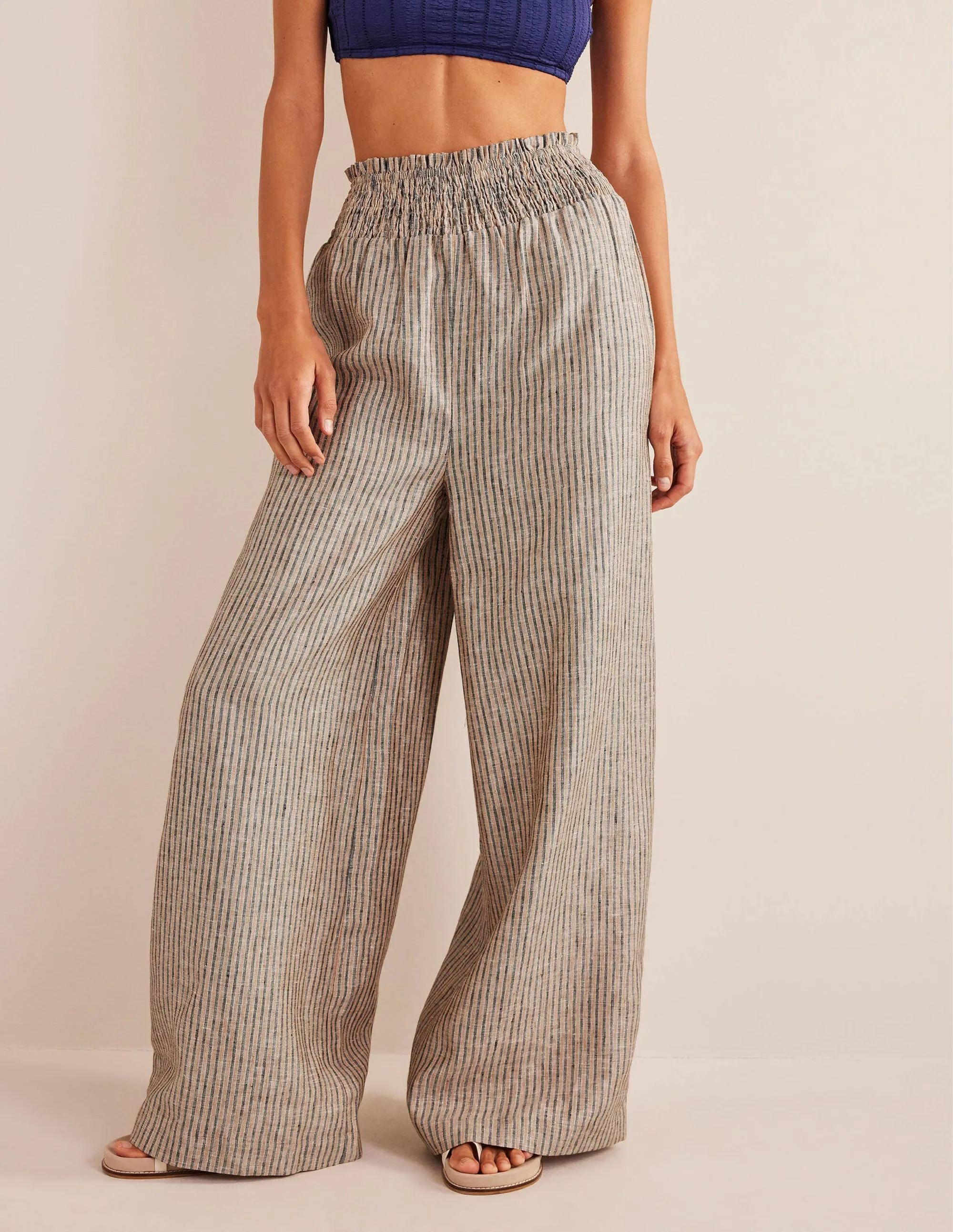 Linen Shirred Waist Trousers-Camel and Black Lurex Stripe