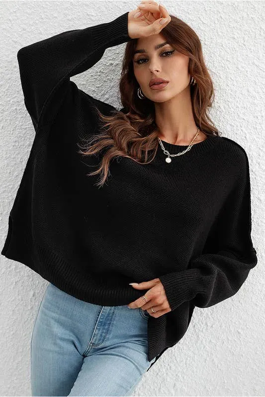 LOOSE FIT DOLMAN SLEEVE KNIT SWEATER: LIGHTGREY