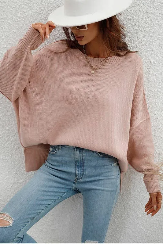 LOOSE FIT DOLMAN SLEEVE KNIT SWEATER: LIGHTGREY