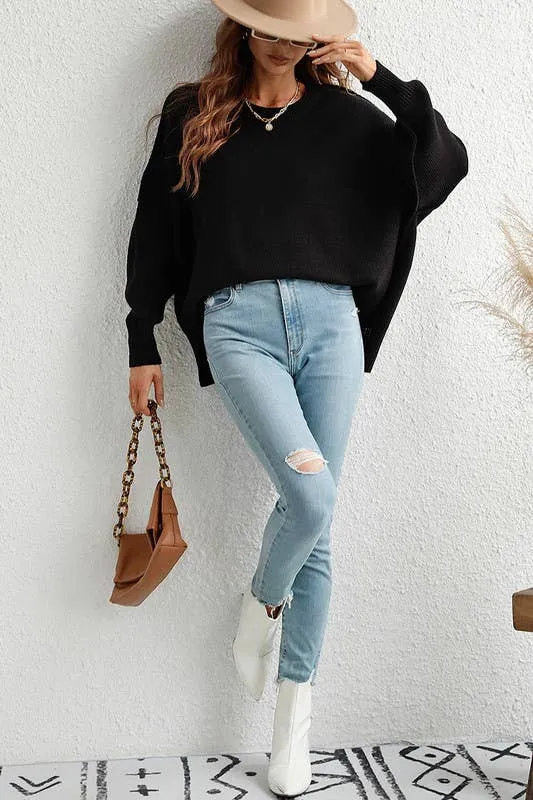 LOOSE FIT DOLMAN SLEEVE KNIT SWEATER: LIGHTGREY