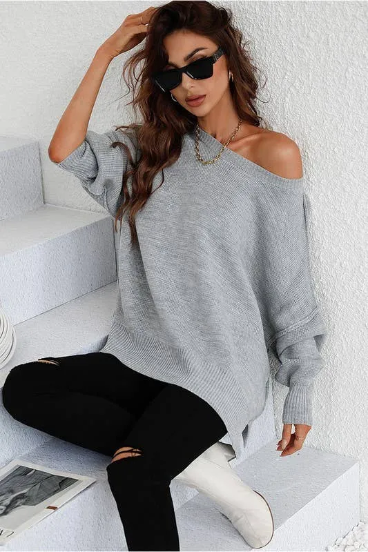 LOOSE FIT DOLMAN SLEEVE KNIT SWEATER: LIGHTGREY