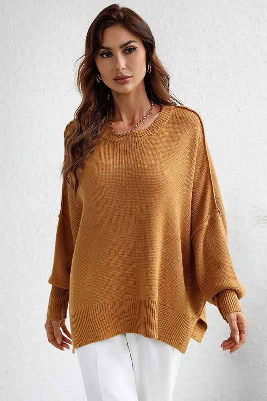 LOOSE FIT DOLMAN SLEEVE KNIT SWEATER: LIGHTGREY