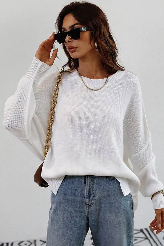 LOOSE FIT DOLMAN SLEEVE KNIT SWEATER: LIGHTGREY