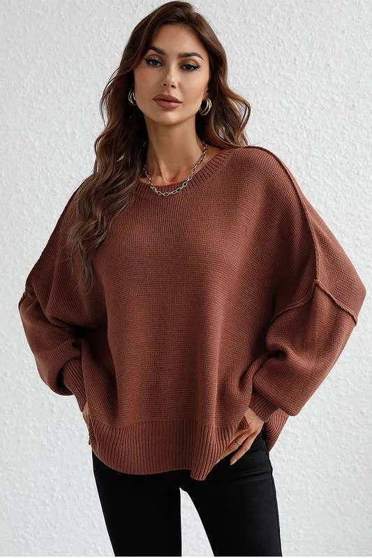 LOOSE FIT DOLMAN SLEEVE KNIT SWEATER: LIGHTGREY
