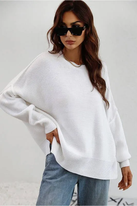 LOOSE FIT DOLMAN SLEEVE KNIT SWEATER: LIGHTGREY