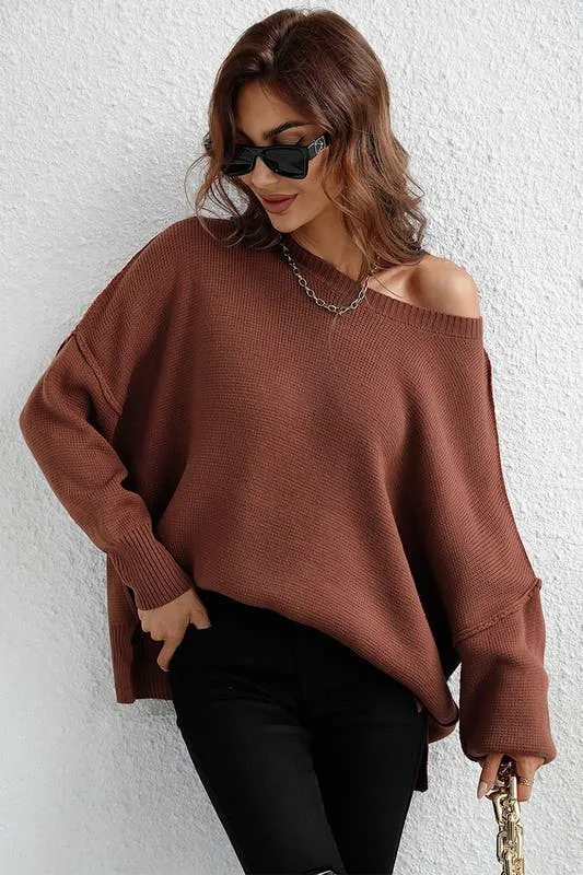 LOOSE FIT DOLMAN SLEEVE KNIT SWEATER: LIGHTGREY
