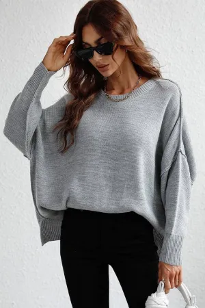 LOOSE FIT DOLMAN SLEEVE KNIT SWEATER: LIGHTGREY