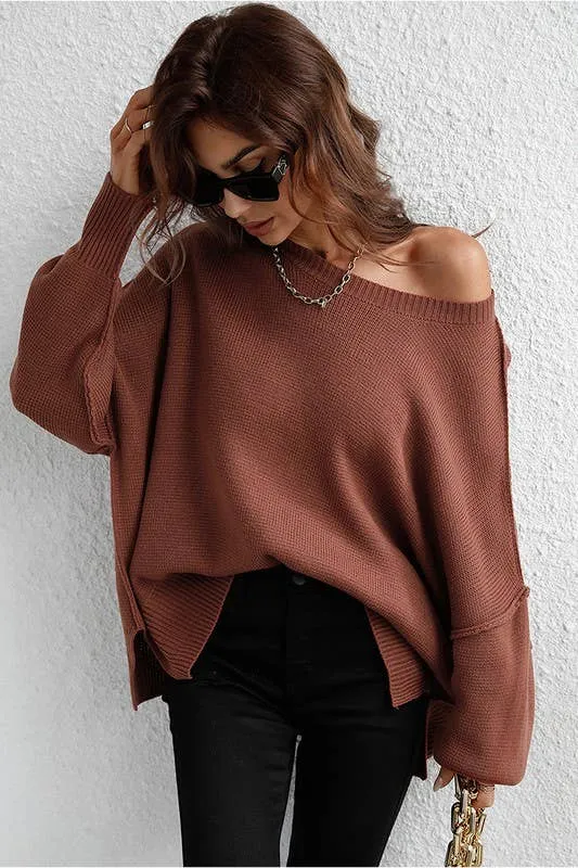 LOOSE FIT DOLMAN SLEEVE KNIT SWEATER: LIGHTGREY