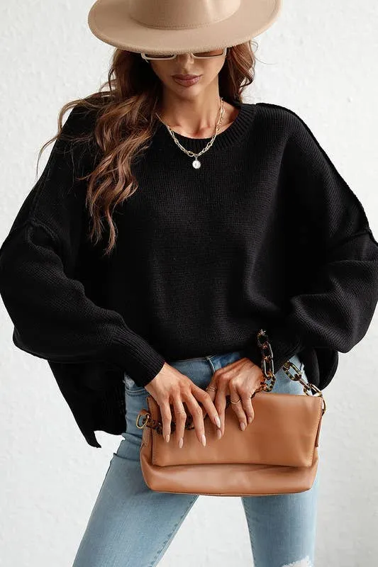 LOOSE FIT DOLMAN SLEEVE KNIT SWEATER: LIGHTGREY