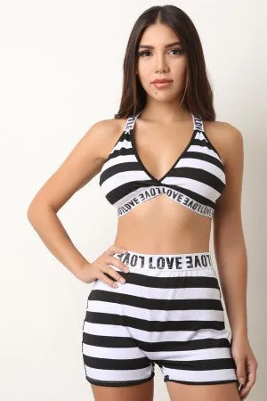 Love Trim Striped Triangle Top With High Waisted Shorts Set