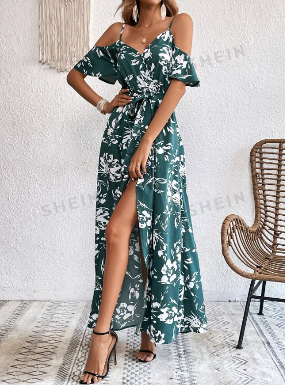 Maxi Dress VCAY Summer Woman Floral Print Cold Shoulder Wrap Hem Belted Dress