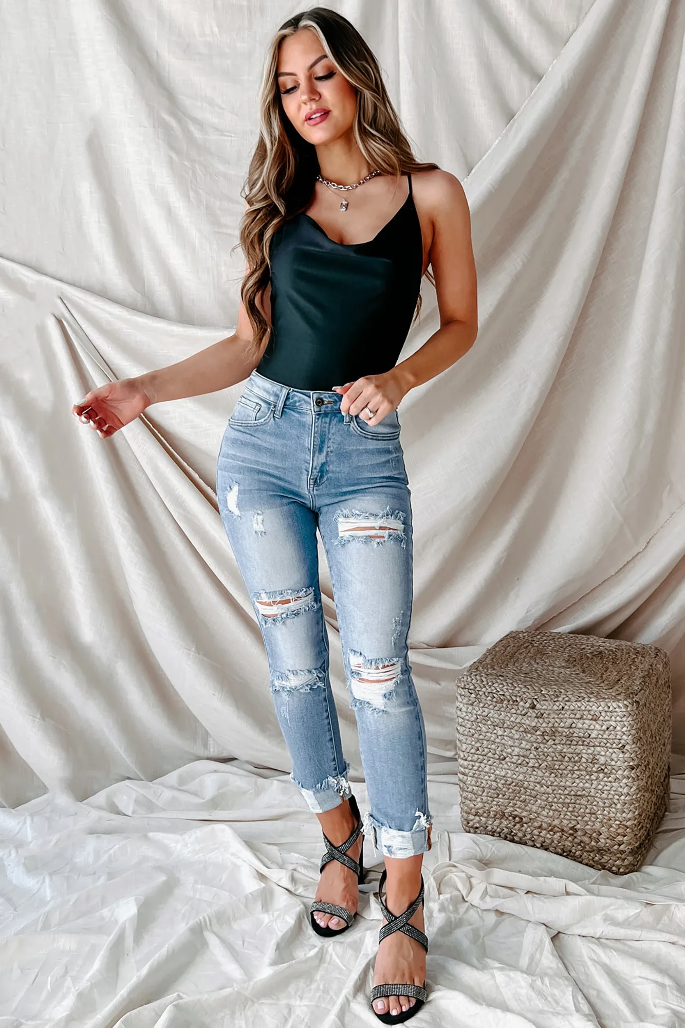 Melina High Rise Distressed Straight Leg Risen Jeans (Light)