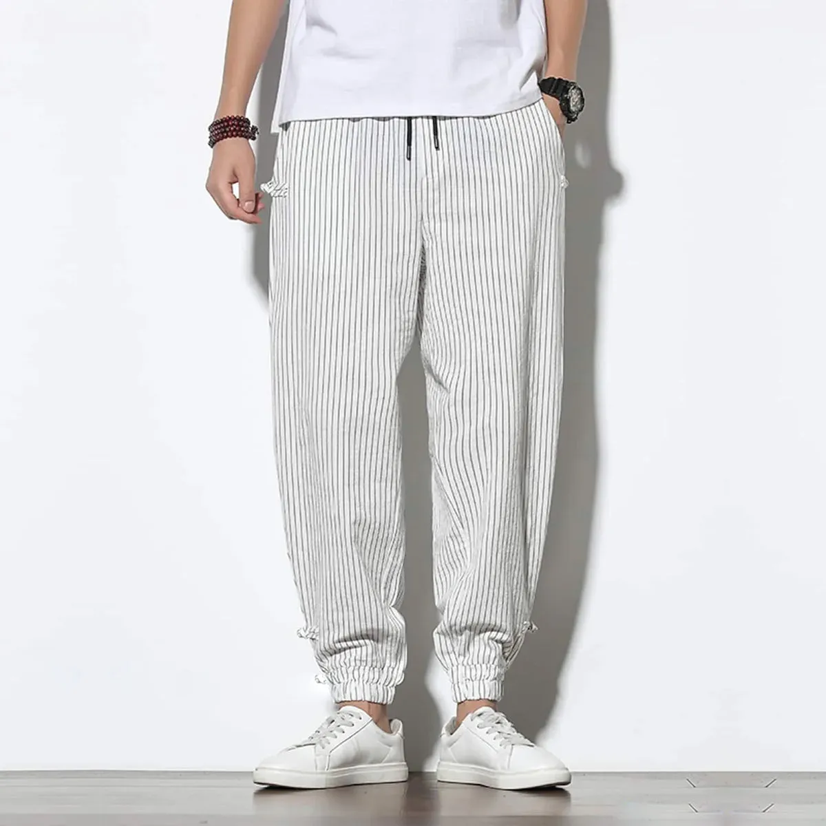 Men's Pants Loose Thin Blue  & White Striped Jogger Breathable Casual Harem Combo (Pack of 2)