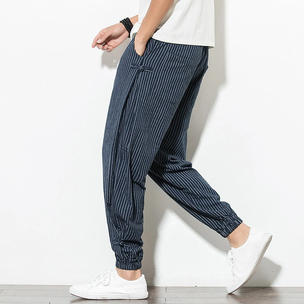 Men's Pants Loose Thin Blue  & White Striped Jogger Breathable Casual Harem Combo (Pack of 2)
