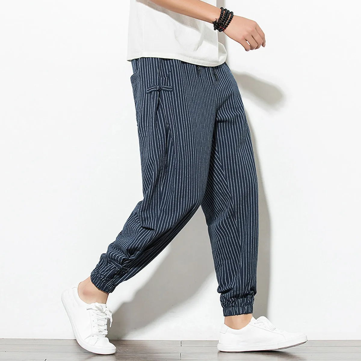 Men's Pants Loose Thin Blue  & White Striped Jogger Breathable Casual Harem Combo (Pack of 2)