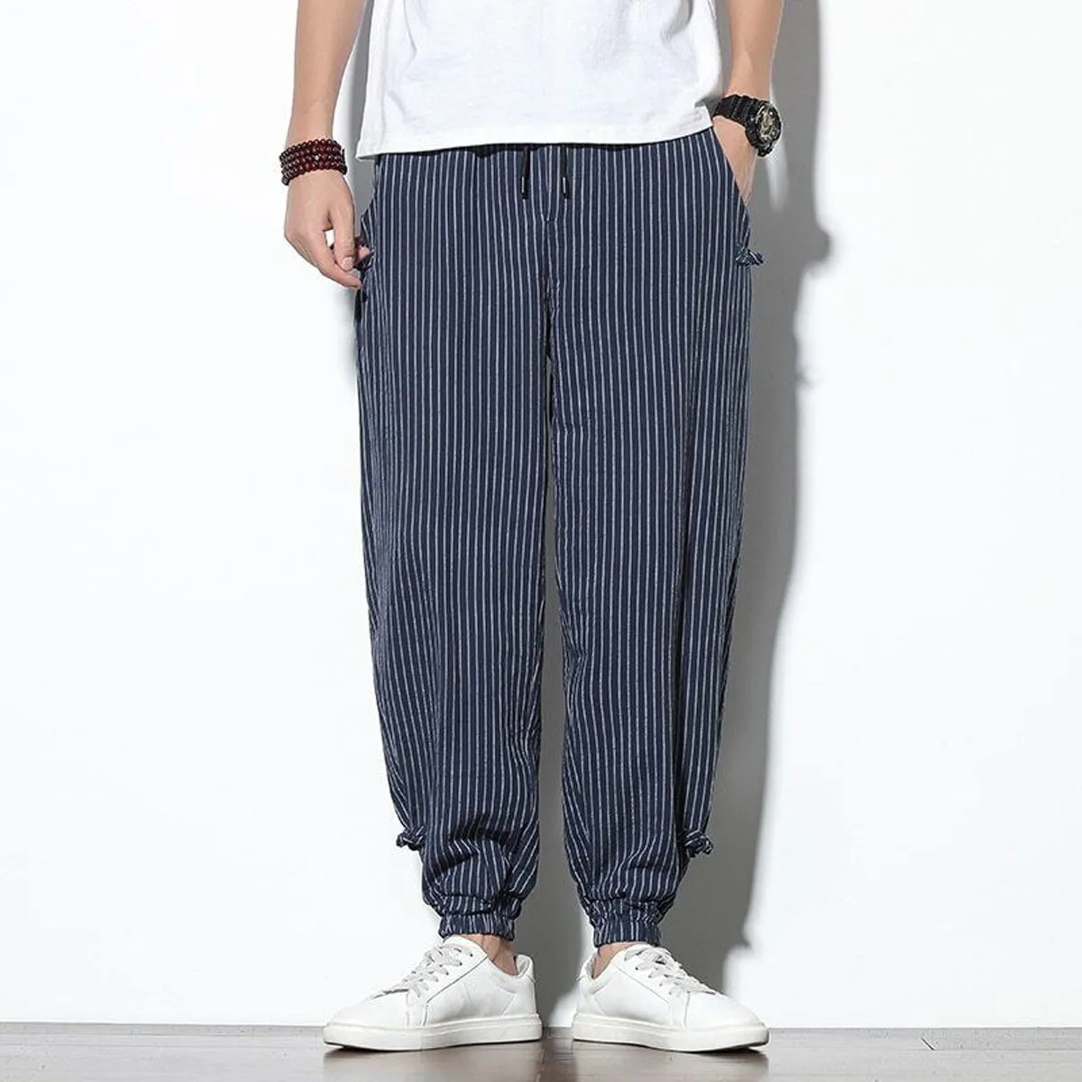 Men's Pants Loose Thin Blue  & White Striped Jogger Breathable Casual Harem Combo (Pack of 2)