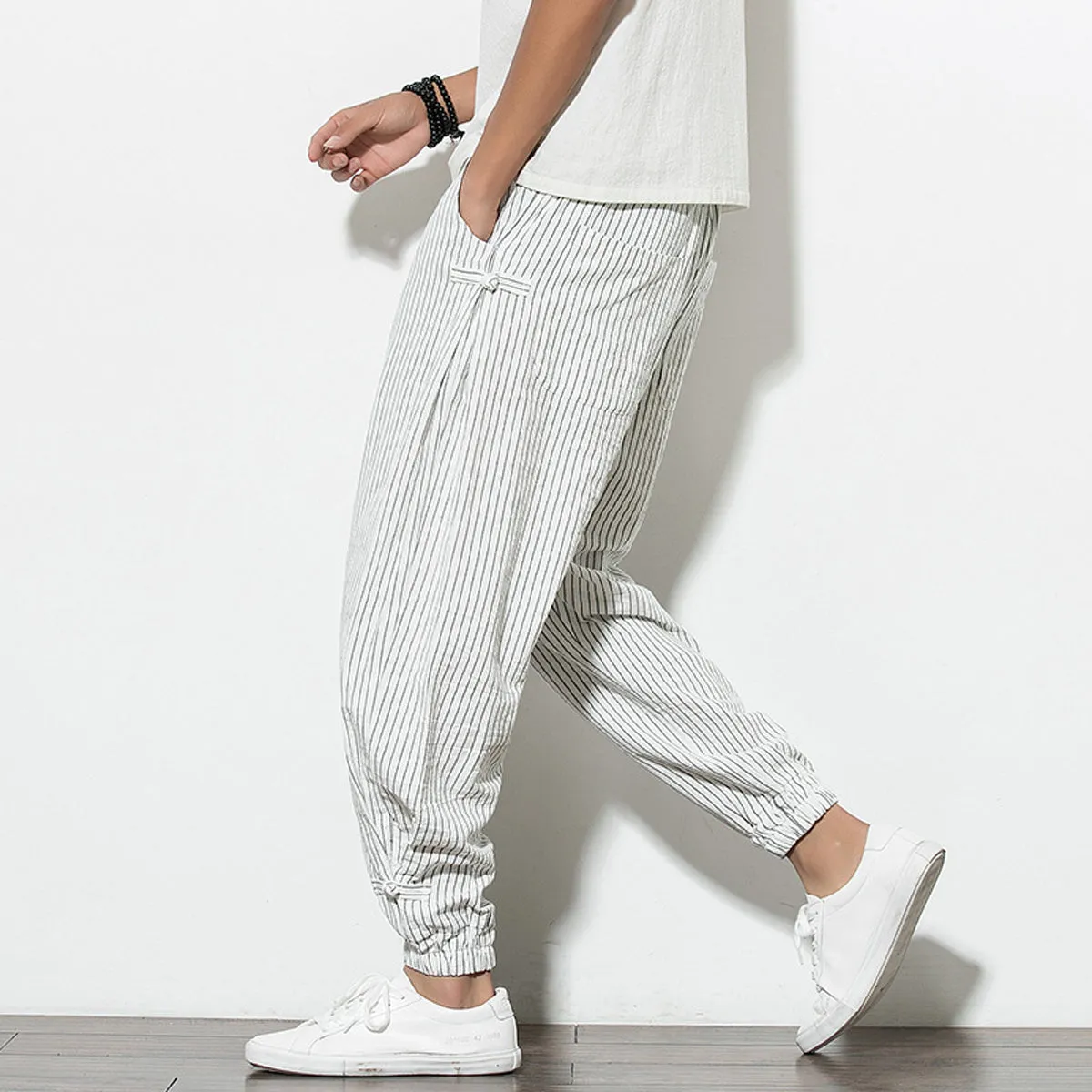 Men's Pants Loose Thin Blue  & White Striped Jogger Breathable Casual Harem Combo (Pack of 2)