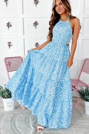 Pave The Way Floral Halter Neck Maxi Dress (Blue/White)