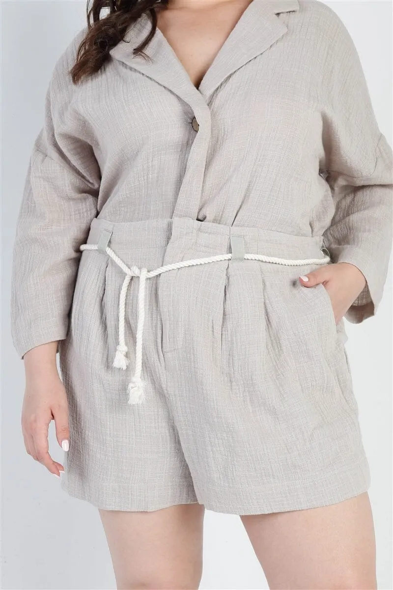 Plus Size Grey Button-up Collared Neck Blazer and High Waist Shorts Set