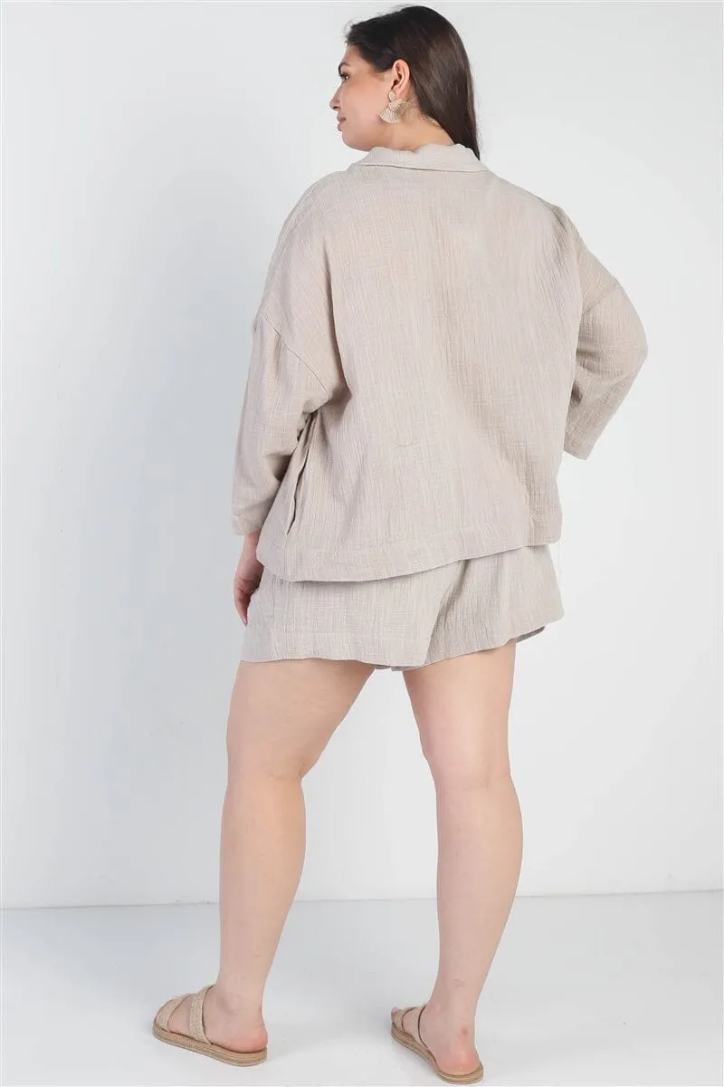 Plus Size Grey Button-up Collared Neck Blazer and High Waist Shorts Set