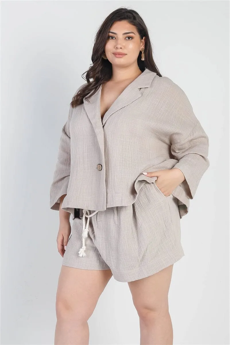 Plus Size Grey Button-up Collared Neck Blazer and High Waist Shorts Set