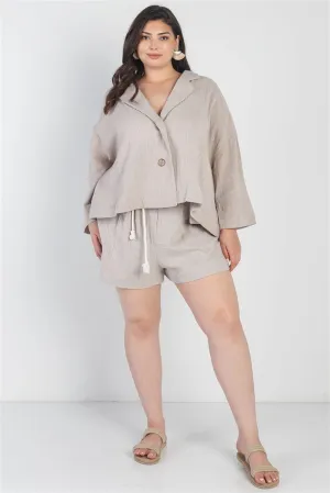 Plus Size Grey Button-up Collared Neck Blazer and High Waist Shorts Set