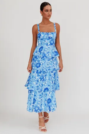 Provence Bloom Tiered Floral Maxi Dress Blue