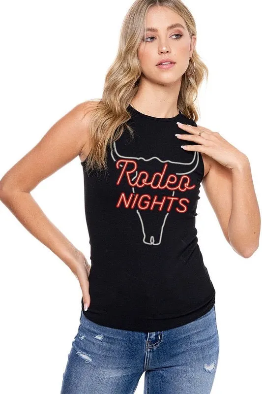 Rodeo Nights Black Fitted Ribbed High Neck Graphic Tank