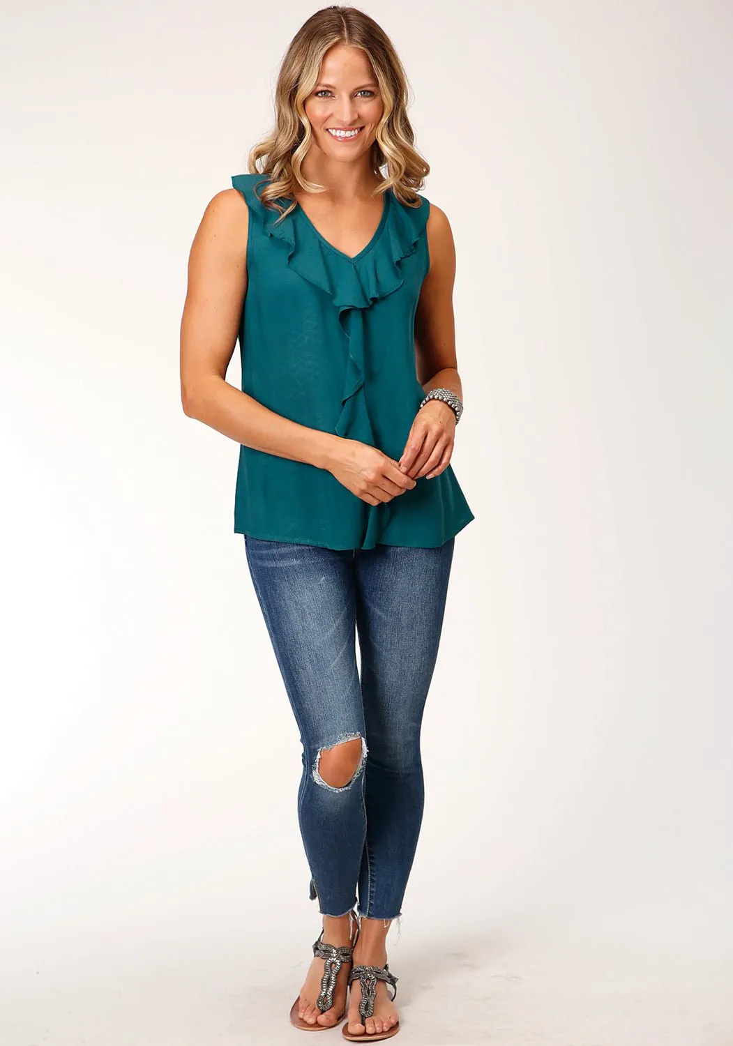 Roper Womens 1602 Front Ruffle Teal 100% Rayon S/L Blouse