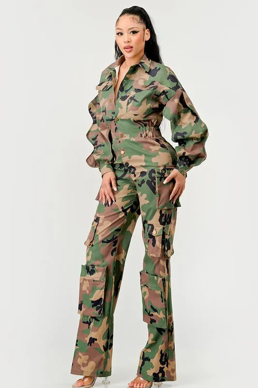 Ruffle Sleeve Camo Jumpsuit