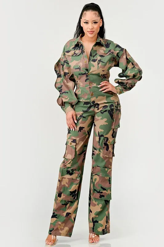 Ruffle Sleeve Camo Jumpsuit