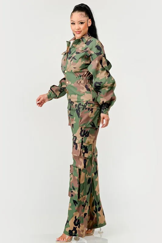 Ruffle Sleeve Camo Jumpsuit