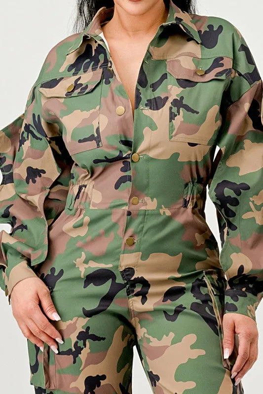 Ruffle Sleeve Camo Jumpsuit