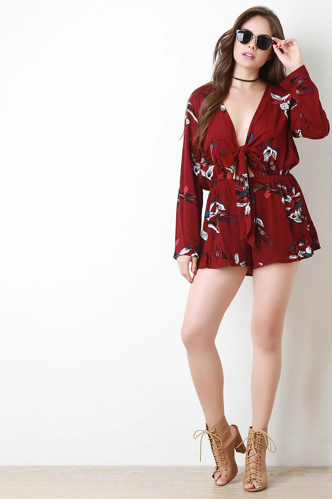 Self-Tie Plunging Neckline Floral Romper