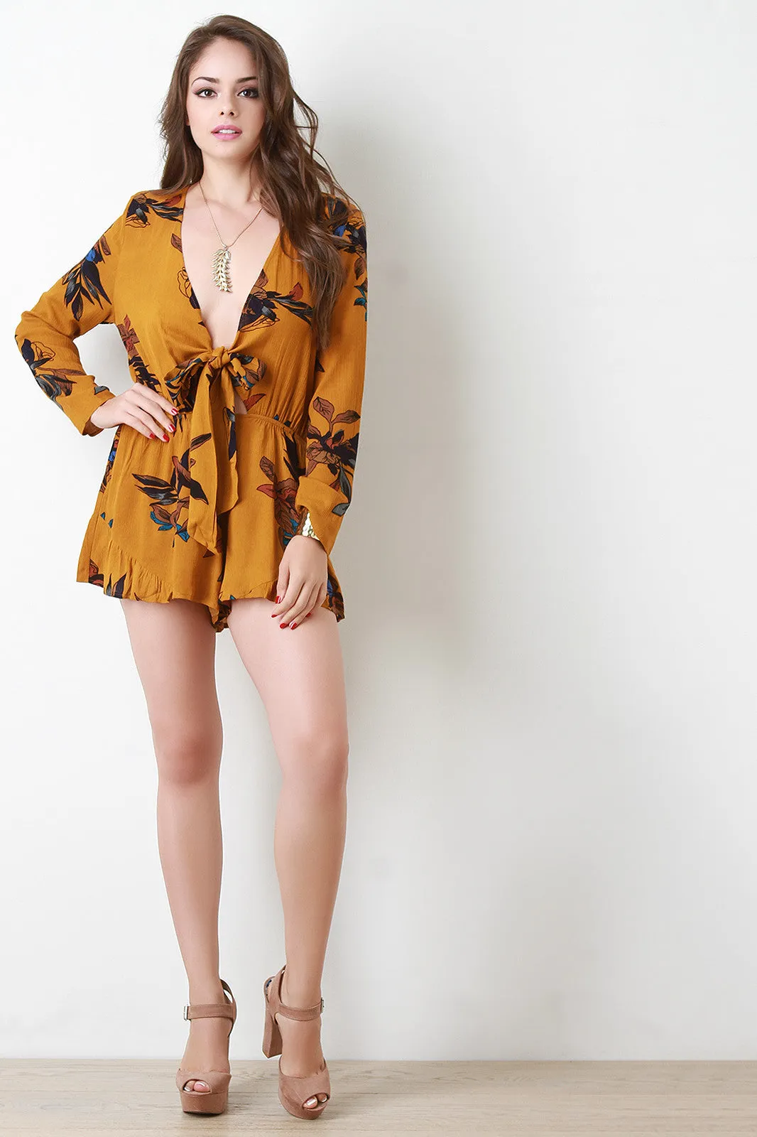 Self-Tie Plunging Neckline Floral Romper