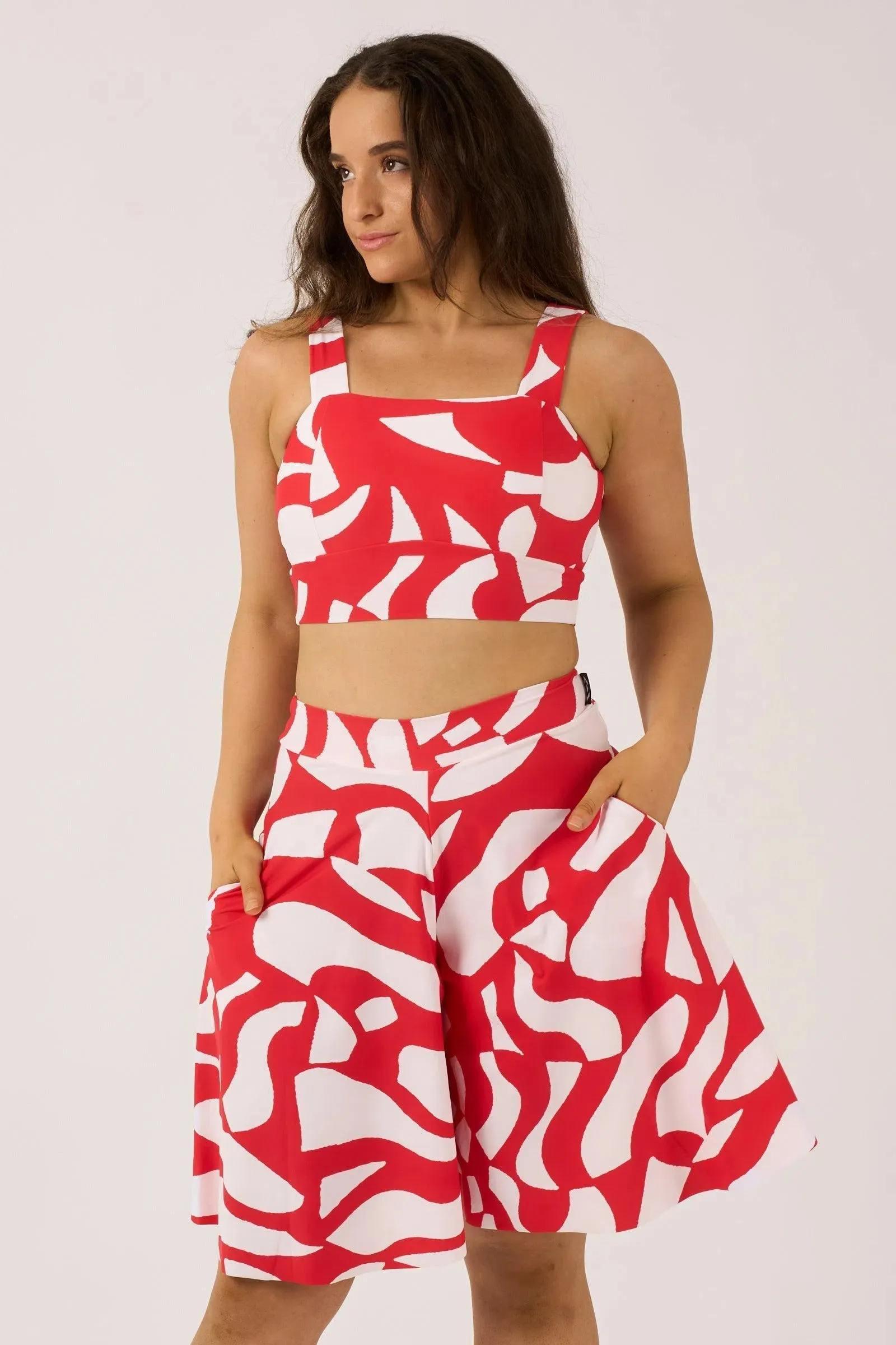 Silky Square Neck Comfort Crop Top - Red Geo Waves