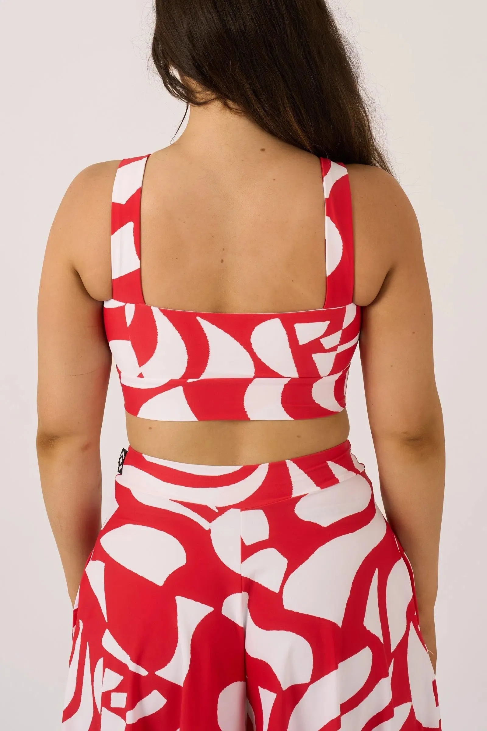 Silky Square Neck Comfort Crop Top - Red Geo Waves