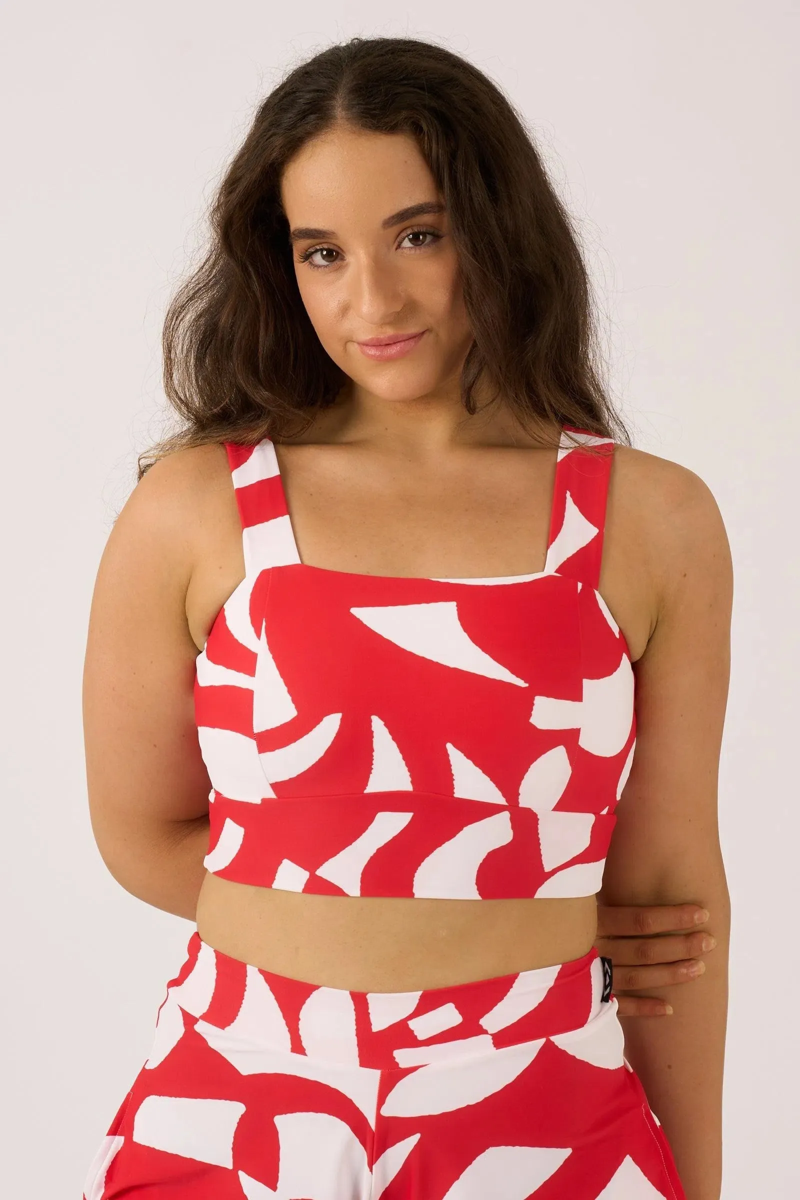 Silky Square Neck Comfort Crop Top - Red Geo Waves