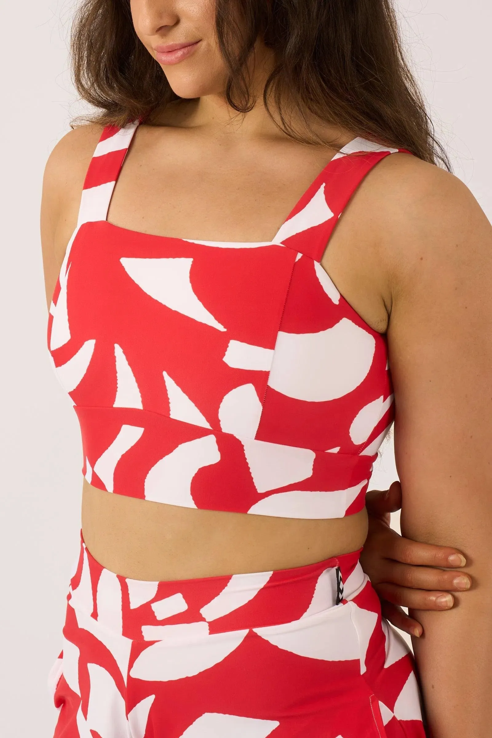 Silky Square Neck Comfort Crop Top - Red Geo Waves
