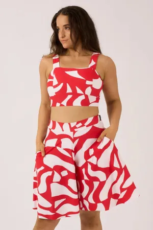 Silky Square Neck Comfort Crop Top - Red Geo Waves