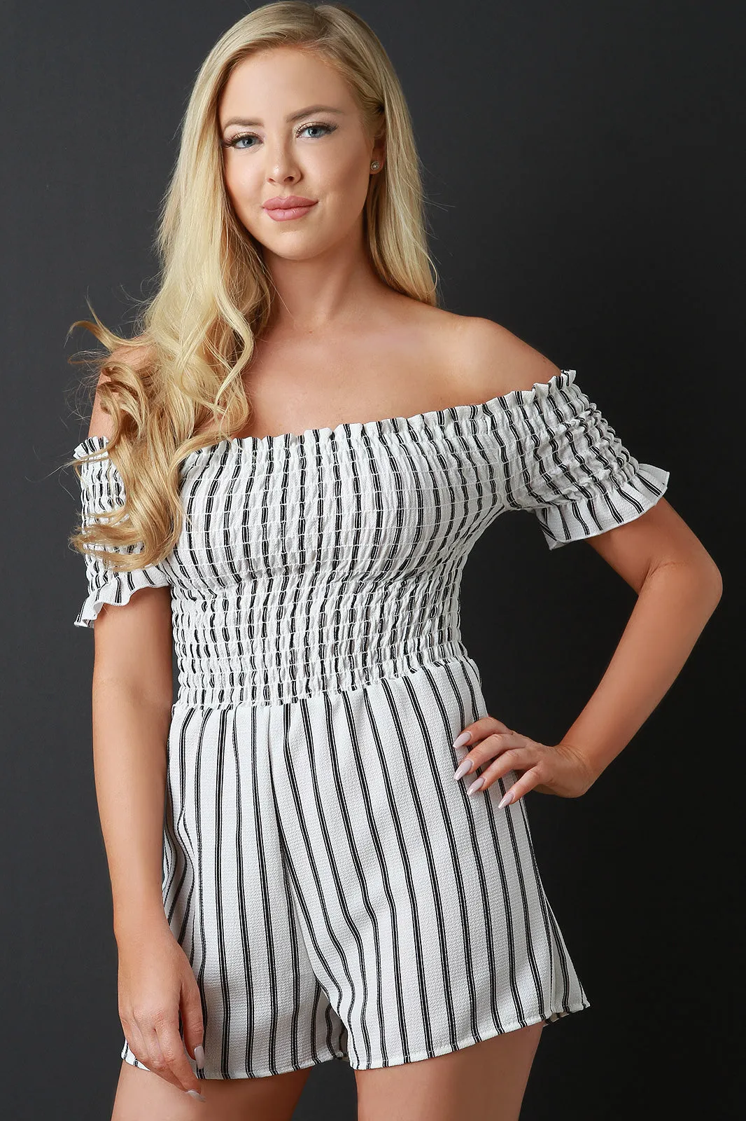 Smocked Off The Shoulder Striped Romper