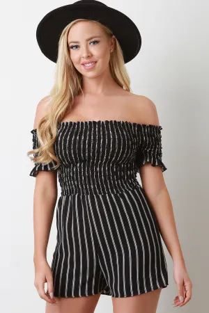 Smocked Off The Shoulder Striped Romper