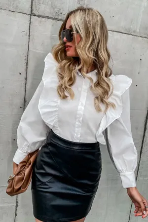 Solid Ruffle Trim Button Up Blouse