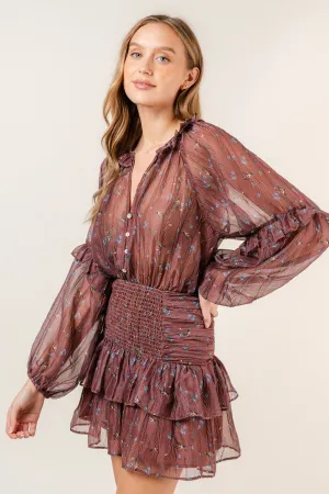 Sylvia Brown Floral Ruffle Smocked Button up Mini Dress