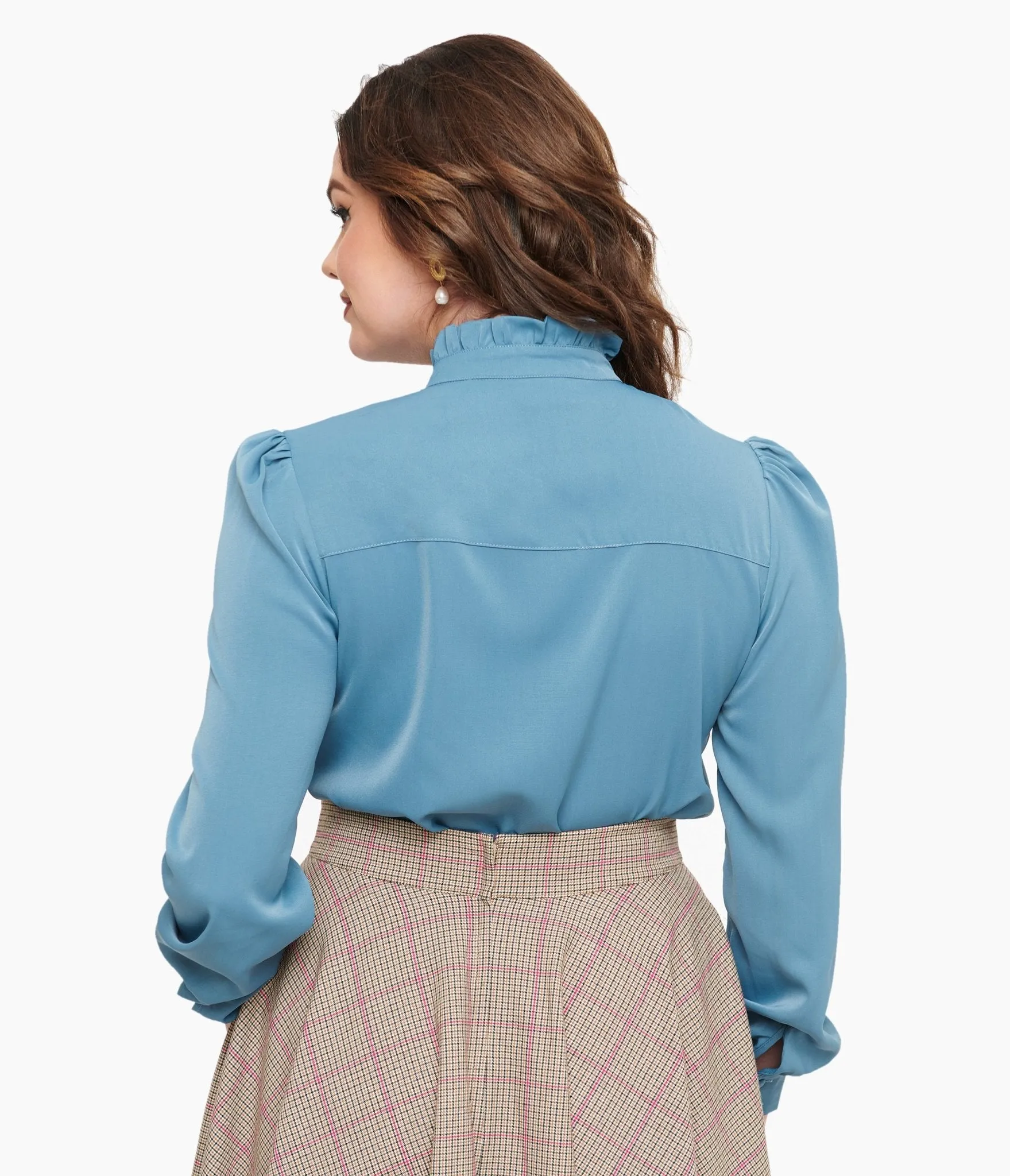Voodoo Vixen 1950s Blue Keyhole Tie Neck Blouse
