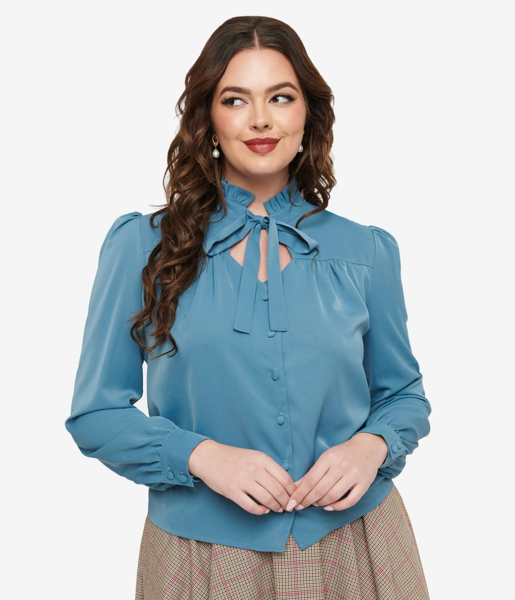 Voodoo Vixen 1950s Blue Keyhole Tie Neck Blouse