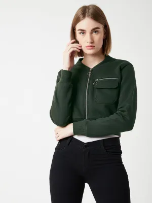 Women's Green Stand Collar Full Sleeves Cotton Boxy/Bomber Cropped Jacket